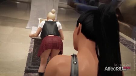 Animación en 3D de novias futanari follando en un museo