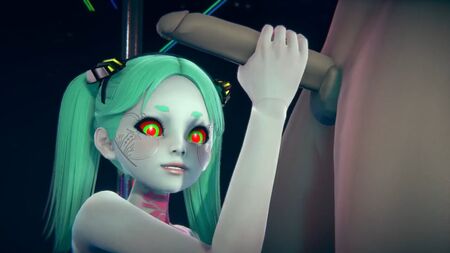 Rebecca de pie, pajeándola: Parodia hentai de Cyberpunk Edgerunners