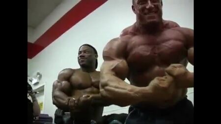 Markus Ruhl, Jay Cutler, Dexter Jackson y Gunter Schlierkamp posando antes del Mr. Olympia 2004