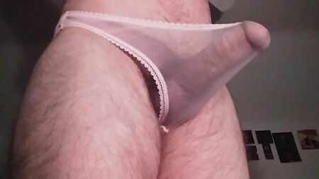Con la polla dura en unas braguitas transparentes
