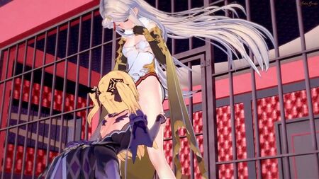 Fischl se folla a Ningguang con un arnés. Genshin Impact Hentai