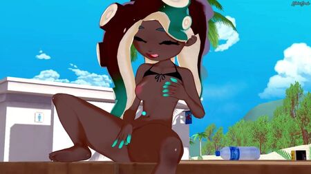 Marina Ida se masturba con los dedos en la playa. Splatoon 2 Hentai