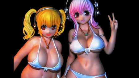 Figuras de Super Sonico y Super Pochaco en una sesión de bukkake de FL 75