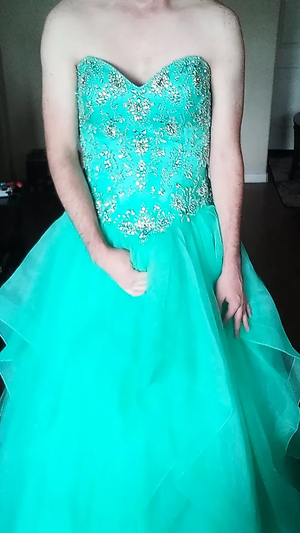 Cumming in a girl's teal blue corset back prom dress