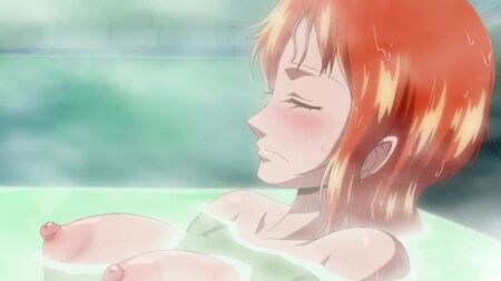 Nami: desnuda; en el baño; tetas grandes; culo grande; coño; porno hentai 3D; [One Piece]
