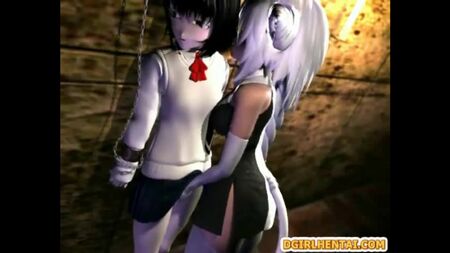 Una travesti hentai de Neko se folla a una chica encadenada en el gueto