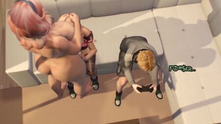 Mamá transexual en 3D se folla a su hija adolescente - Dibujo animado: una transexual se folla a una chica mientras el hijo juega con la consola. Animación futanari en 3D